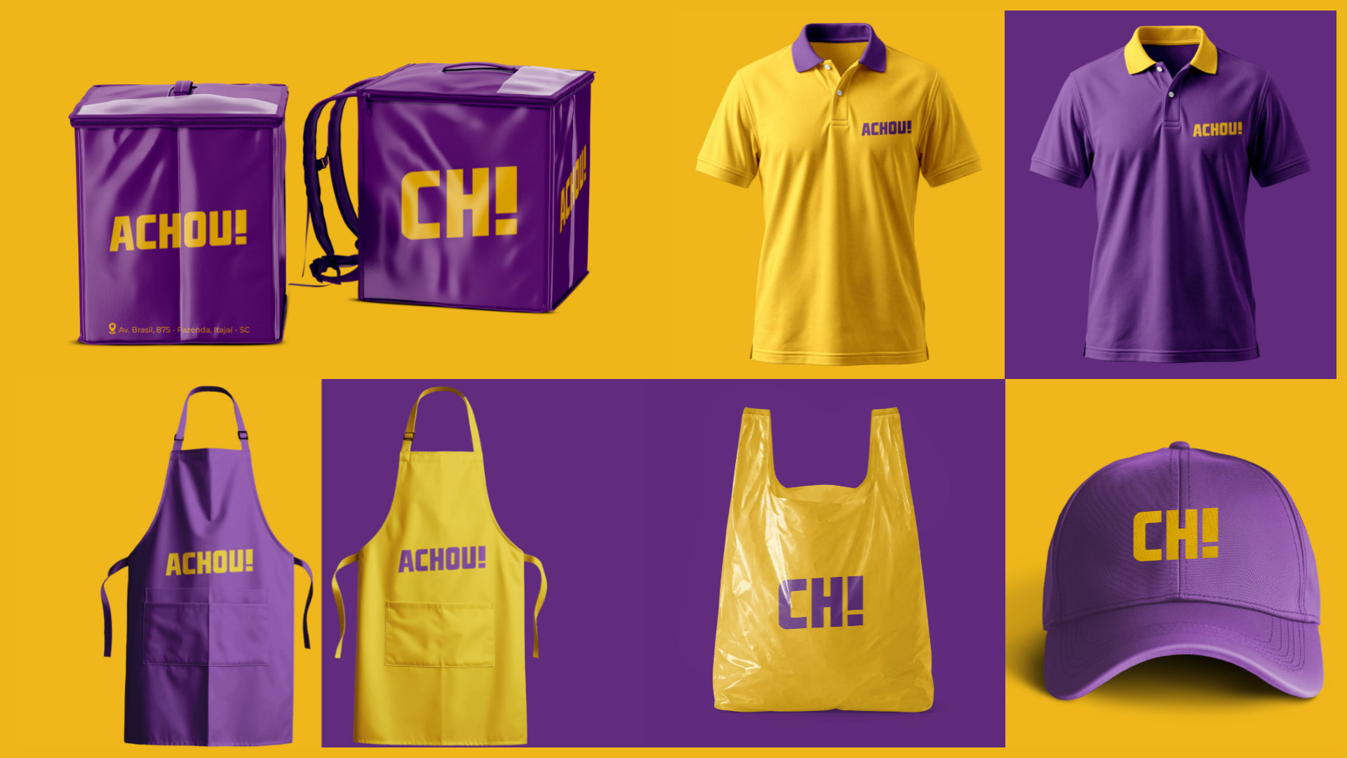 Uniformes, avental, boné, bag de entrega e sacola da marca Achou!