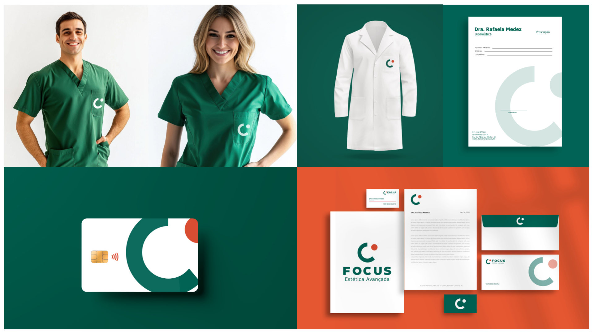 Aplica&ccedil;&otilde;es do FOCUS em uniformes verdes, avental, receitu&aacute;rio, cart&atilde;o de fidelidade e conjunto de papelaria sobre fundo coral.