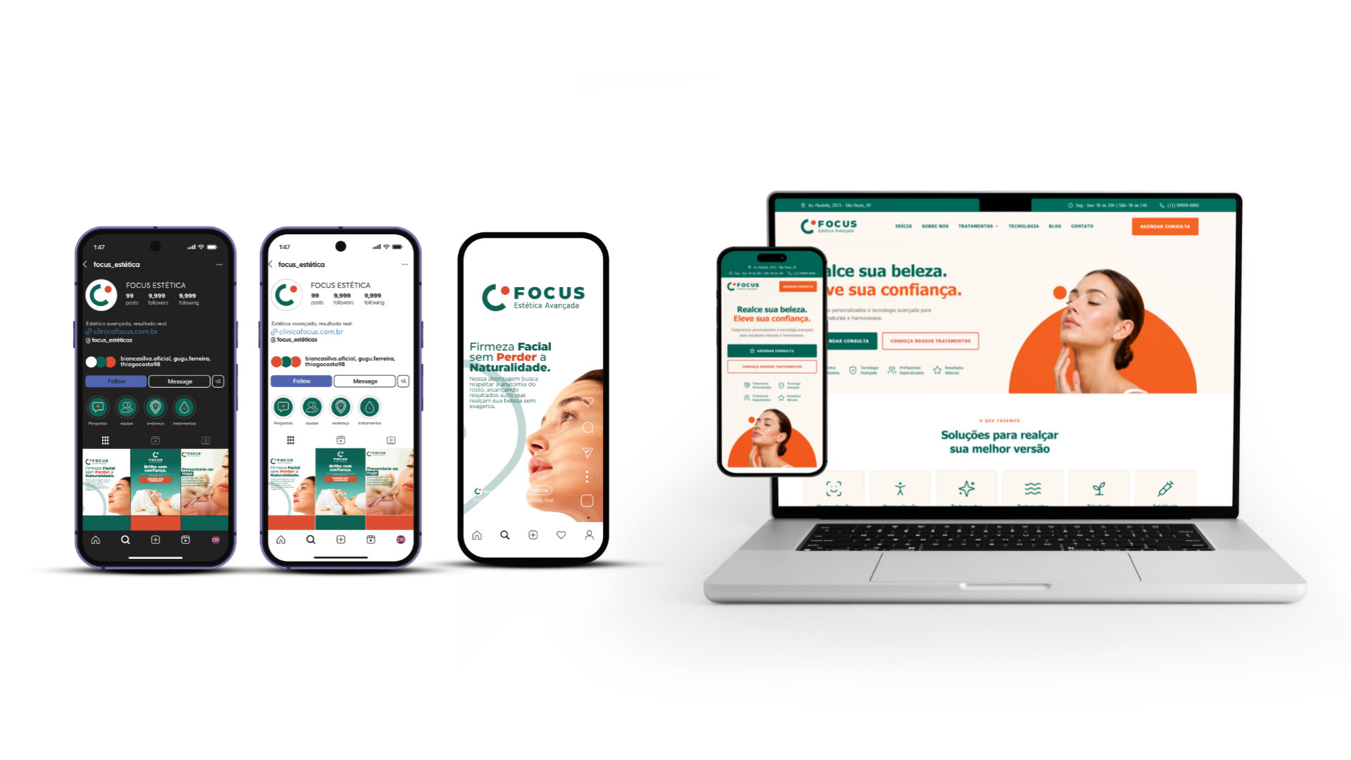 Aplica&ccedil;&otilde;es digitais do FOCUS: tr&ecirc;s telas de celular com o aplicativo e as redes sociais, e o site aberto num notebook.