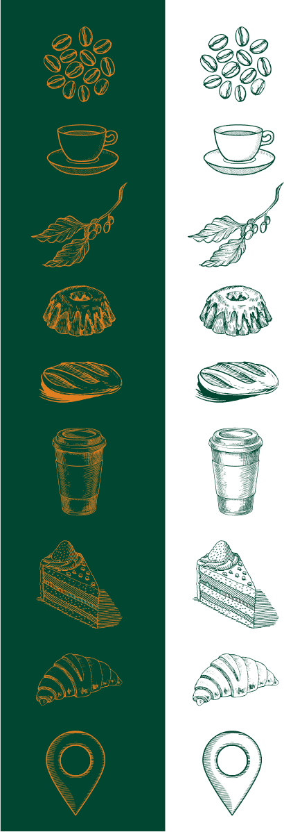 &Iacute;cones da NOAH desenhados a tra&ccedil;o: gr&atilde;os, x&iacute;cara, ramo de cafeeiro, bolo, p&atilde;o, copo de viagem, fatia de torta, croissant e localiza&ccedil;&atilde;o &mdash; em laranja sobre verde e em verde sobre claro.