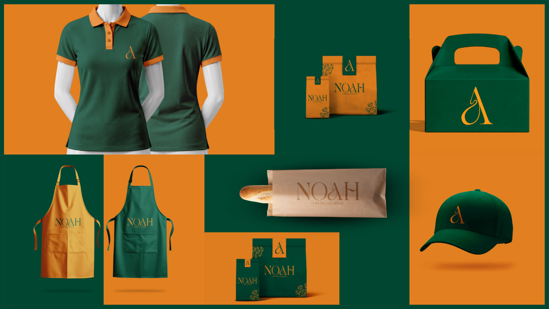 Aplica&ccedil;&otilde;es da NOAH em camisa polo, aventais, sacolas, caixa de bolo e bon&eacute;, em verde e laranja.