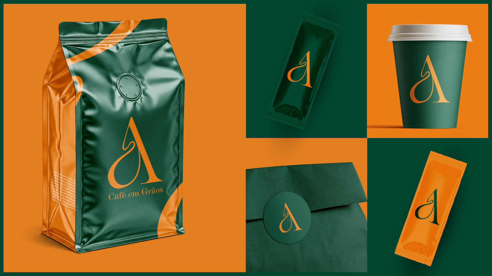 Embalagem de caf&eacute; em gr&atilde;os da NOAH, copo de viagem, sach&ecirc; e envelope, com a ligadura em laranja sobre verde.
