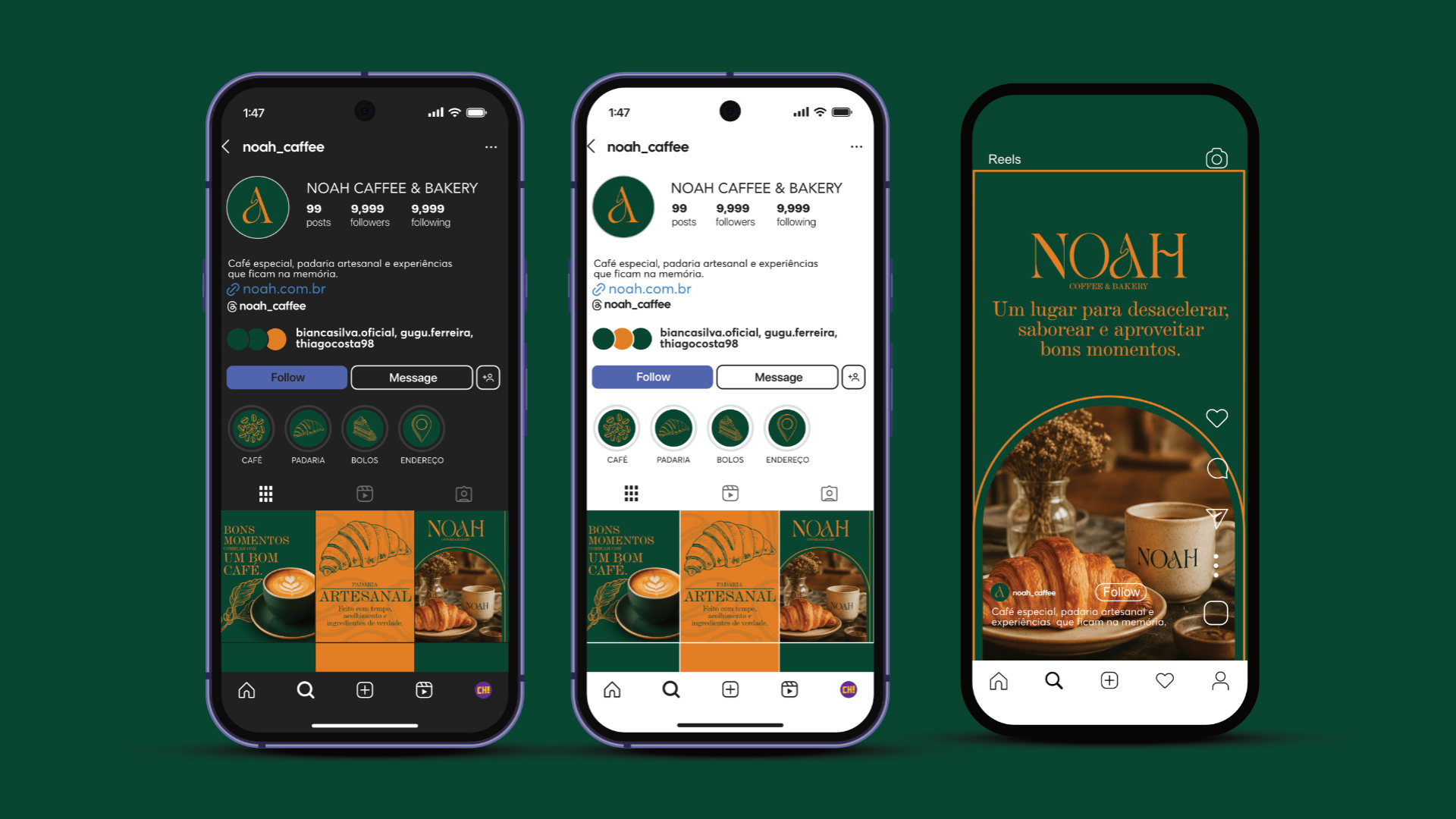 Perfil da NOAH no Instagram em tr&ecirc;s telas de celular, com a grade de publica&ccedil;&otilde;es e o an&uacute;ncio da casa.