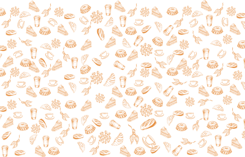 Padr&atilde;o da NOAH: gr&atilde;os, x&iacute;caras, croissants, bolos e ramos de cafeeiro desenhados a tra&ccedil;o em laranja, repetidos sobre o verde.